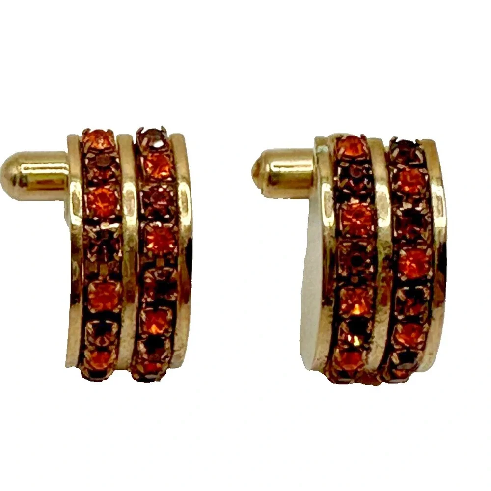 Art Deco Gold Tone Half Circle Orange Red Rhinestone Cufflinks Tie Tack Set